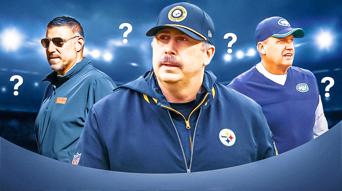 Arthur Smith standing next to Mike Vrabel and Rex Ryan with question marks