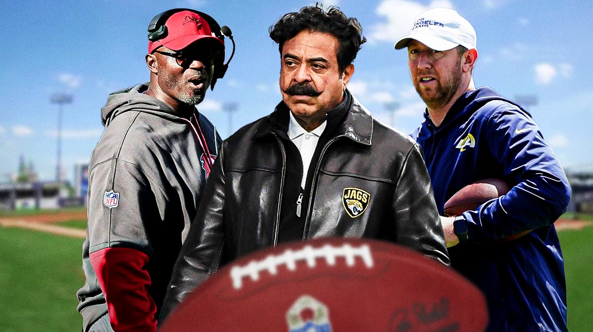 Tampa Bay head coach Todd Bowles on the left, Jacksonville Jaguars owner Shad Khan in the middle, new Jaguars coach Liam Coen on the right