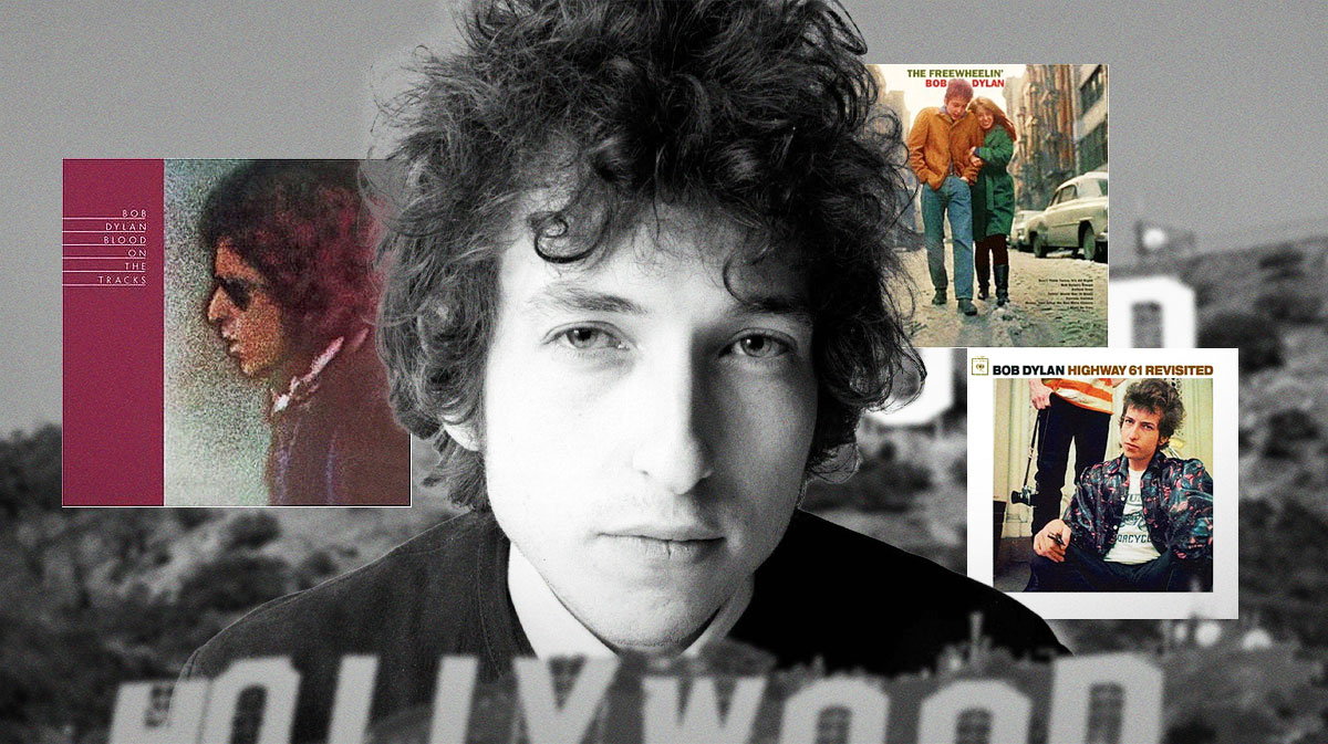Bob Dylan with album covers of Blood on the Tracks, The Freewheelin' Bob Dylan, and Highway 61 Revisited.
