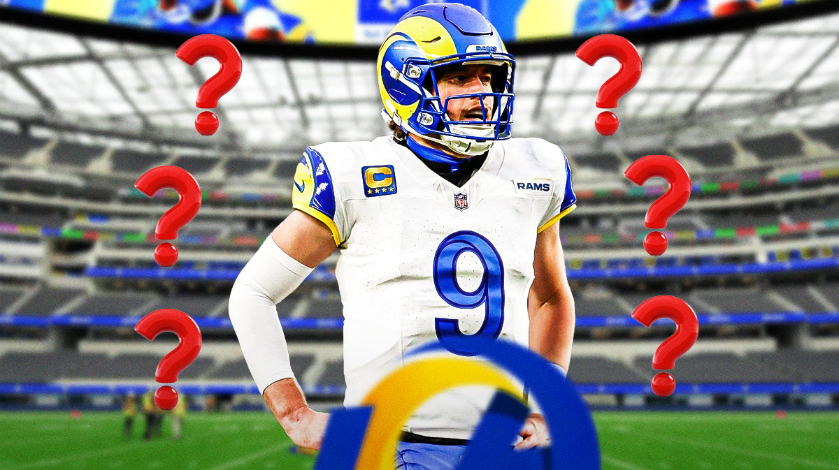 Matthew Stafford in a Rams jersey with question marks around the picture.