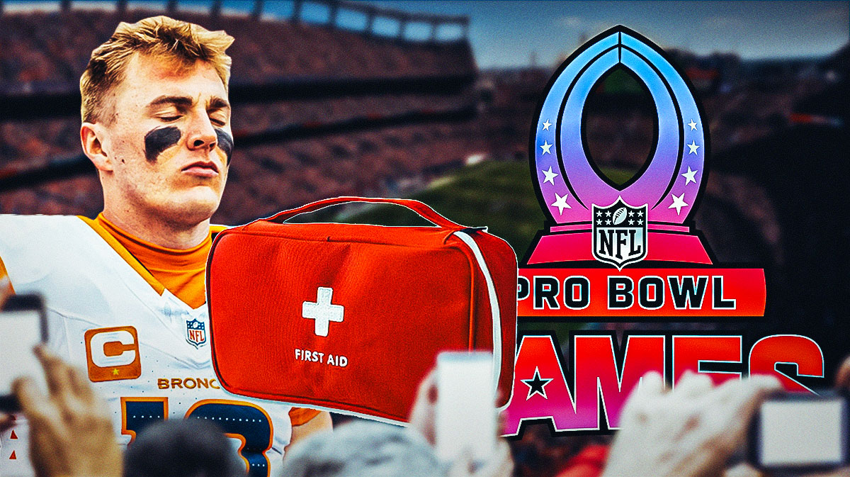 Bo Nix with an injury kit in front of him, the 2025 Pro Bowl Games logo on the other side