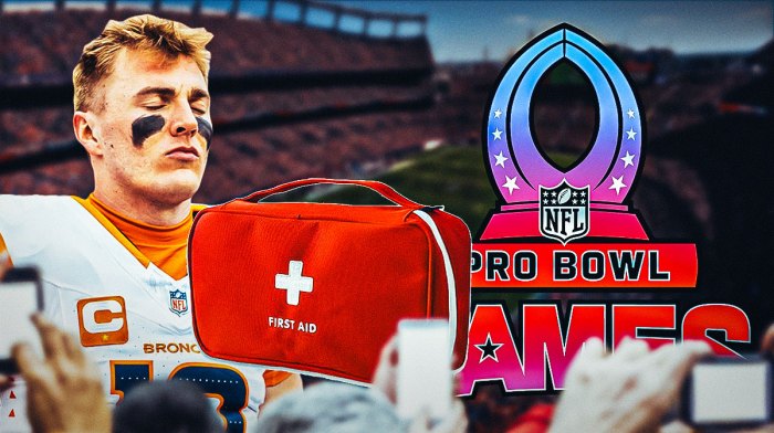 Bo Nix with an injury kit in front of him, the 2025 Pro Bowl Games logo on the other side