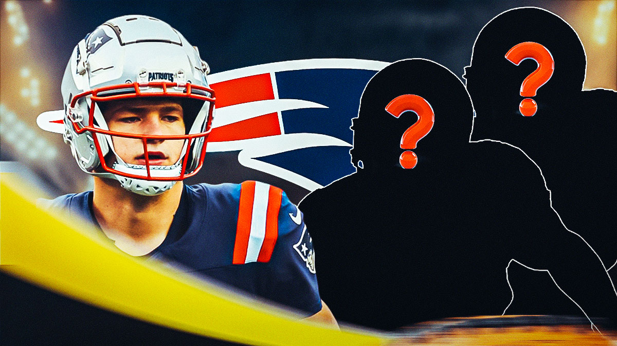 New England Patriots QB Drake Maye next to a silhouette of an American football player with a big question mark emoji inside. There is also a logo for the New England Patriots.