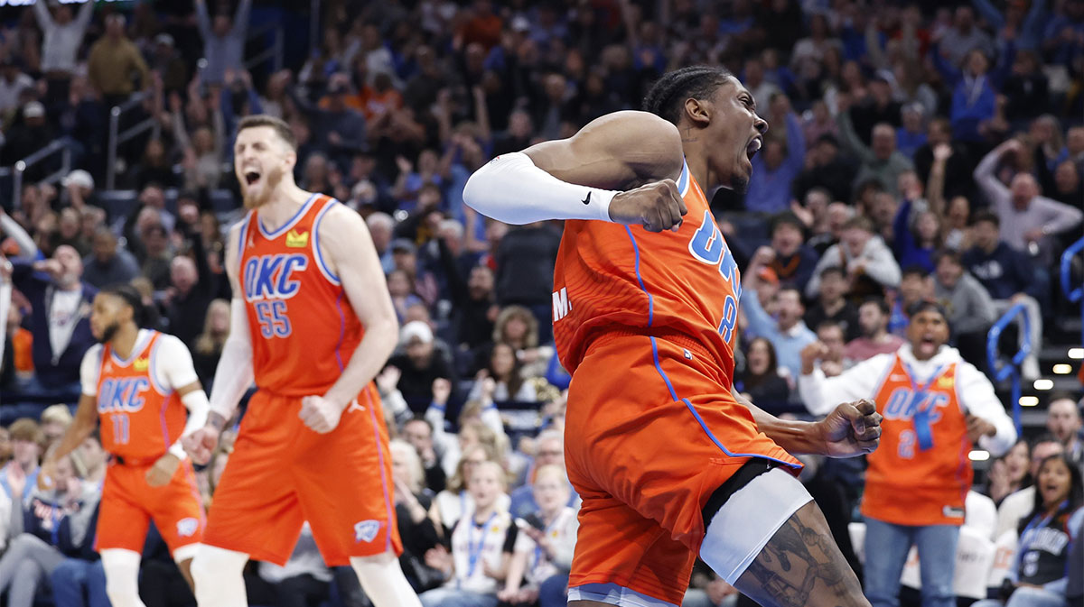 Thunder forward Jalen Williams (8) celebrates after dunking against the New York Knicks during the second half at Paycom Center
