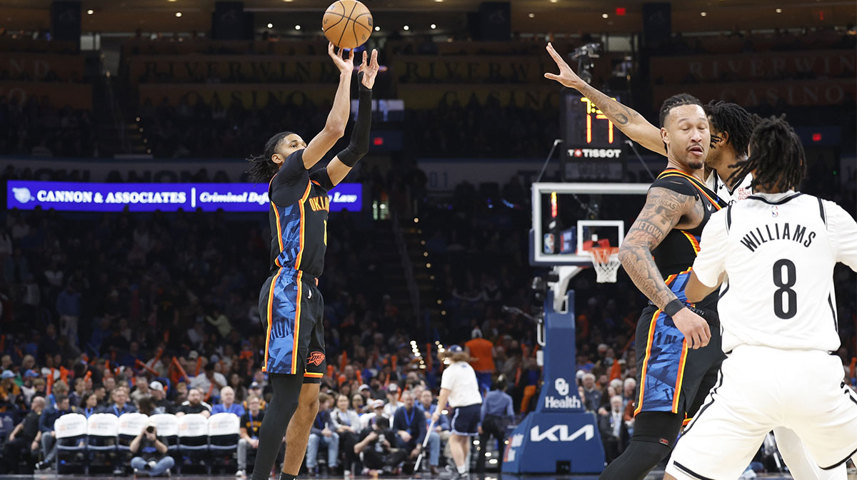 Thunder guard Isaiah Joe (11) shoots a three-pointer against the Brooklyn Nets during the second half at the Pike Center