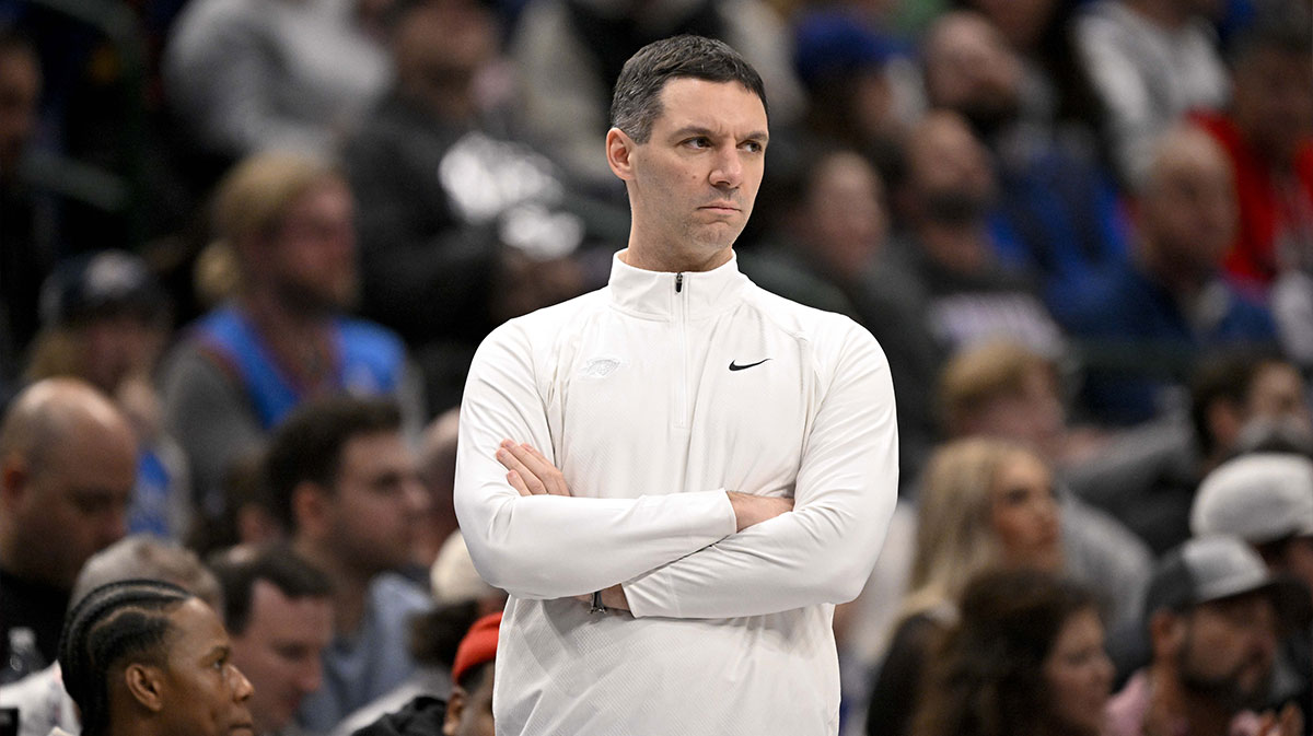 Thunder head coach Marc Daigneault looks on during the second half against the Dallas Mavericks at the American Airlines Center