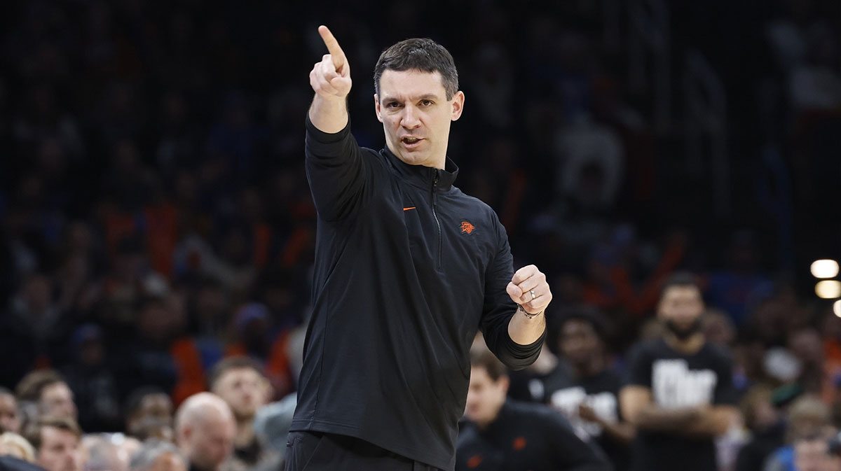 Thunder coach Marc Daigneault gestures to his team during the second half of the game against the Brooklyn Nets at Paycom Center