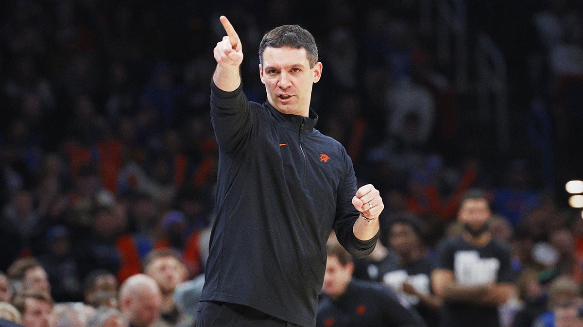 Thunder head coach Mark Daigneault gestures towards his team during a play against the Brooklyn Nets during the second half at Paycom Center