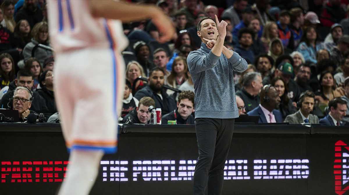 Thunder Master Mark Daigneault signals players during the second half against Blazers Portland Trail Blazers in Fashion Center