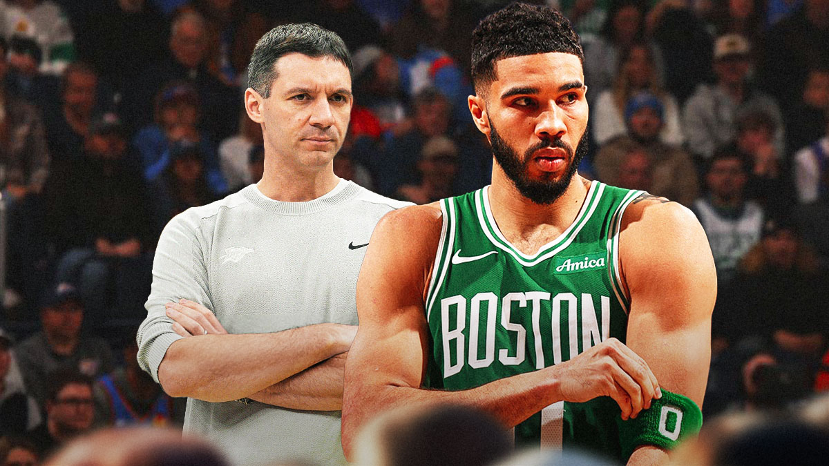 Thunder head coach Mark Daigneault next to Celtics All-Star Jayson Tatum with the Paycom Center in the background