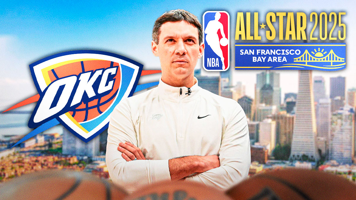 Thunder head coach Mark Daigneault next to the Thunder logo with the 2025 NBA All-Star Game and the San Francisco skyline in the background
