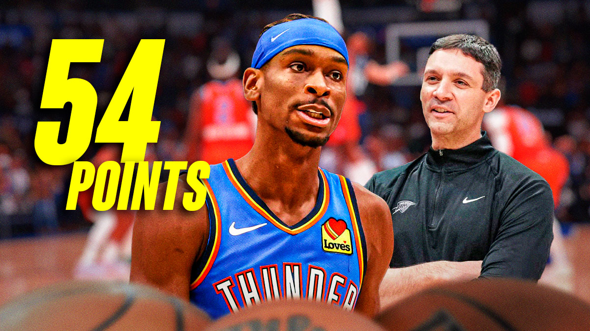 Thunder All-Star Shai Gilgeous-Alexander next to Thunder head coach Mark Daigneault with 54 Points inside of the Paycom Center in the background