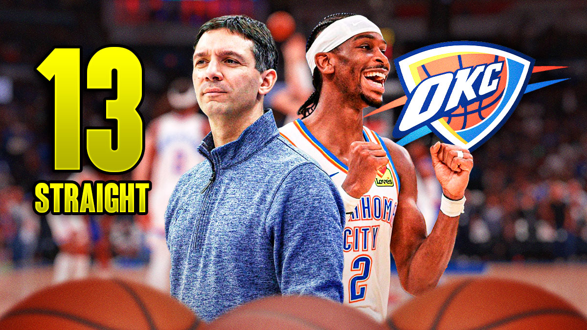 Thunder head coach Mark Daigneault next to Thunder All-Star Shai Gilgeous-Alexander with the Thunder logo next to them and the text 13 straight for Thunder winning streak in the background