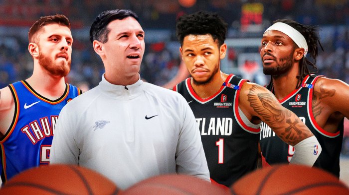 Thunder head coach Mark Daigneault and Thunder center Isaiah Hartenstein next to Trail Blazers guard Anfernee Simons and Trail Blazers forward Jerami Grant