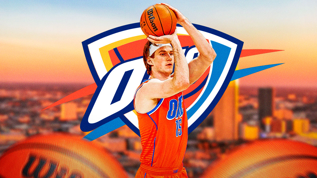 Branden Carlson next to the Thunder logo with the Oklahoma City skyline in the background while Thunder 10-day contract