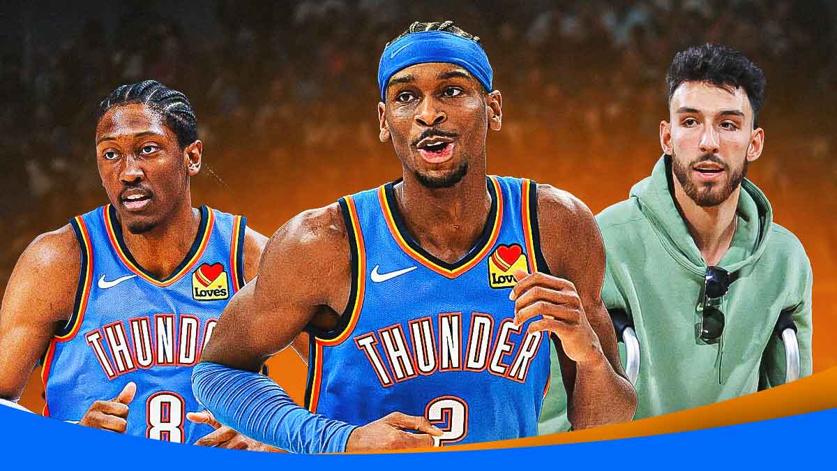Thunder's Shai Gilgeous-Alexander, Jalen Williams, and Chet Holmgren (Holmgren in casual clothes) smiling