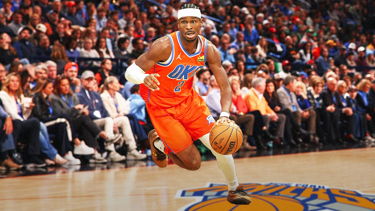 Oklahoma City Thunder guard Shai Gilgeous-Alexander stomping on the New York Knicks logo, and a background of Madison Square Garden.