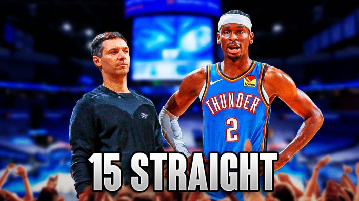 Thunder All-Star Shai Gilgeous-Alexander next to Thunder head coach Mark Daigneault with the text 15 straight in the background for Thunder winning streak