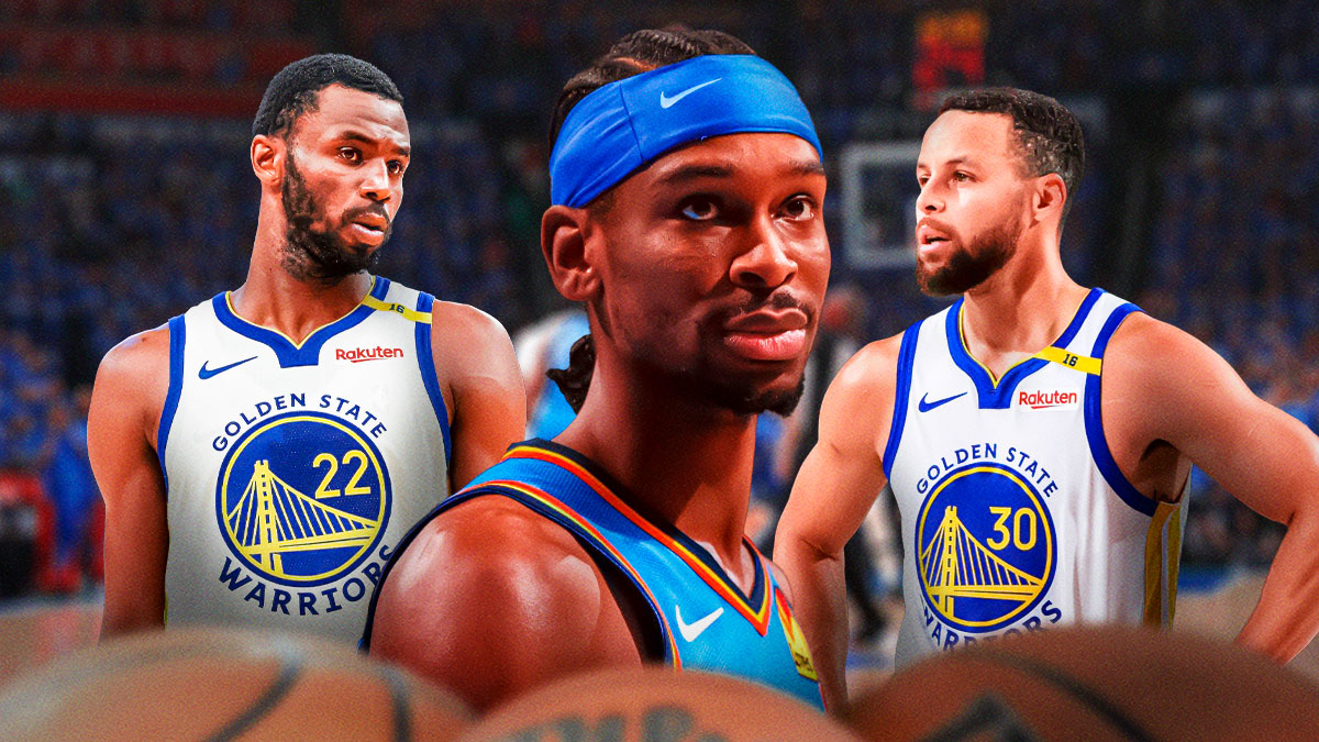 Thunder All-Star Shai Gilgeous-Alexander in between Warriors forward Andrew Wiggins and Warriors superstar Stephen Curry