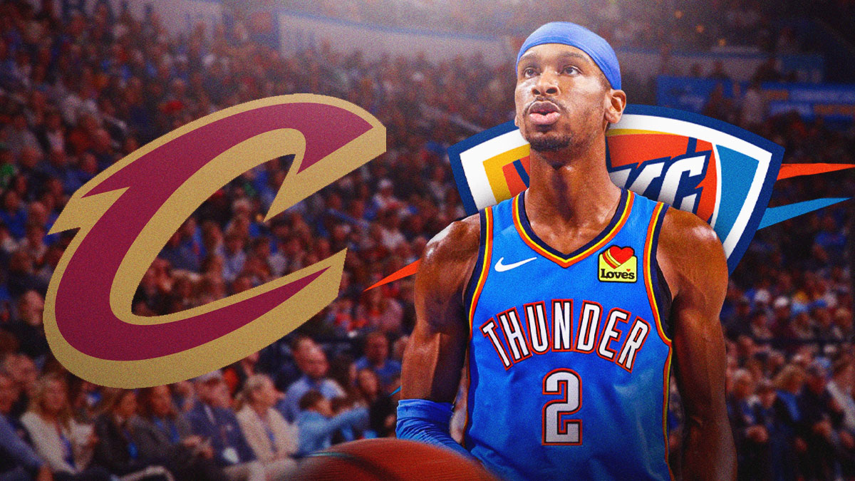 Thunder All-Star Shai Gilgeous-Alexander next to the Cavs logo with the Thunder logo and Madison Square Garden in the background