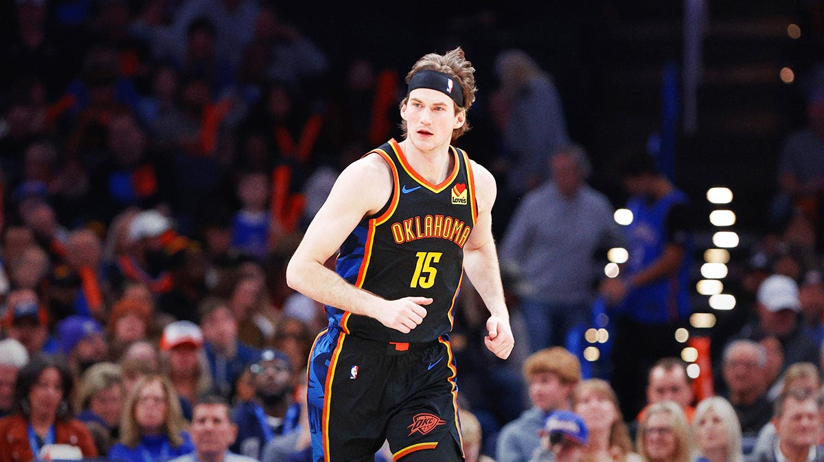 Thunder center Branden Carlson (15) drives down the court against the Brooklyn Nets during the second half at the Paicom Center