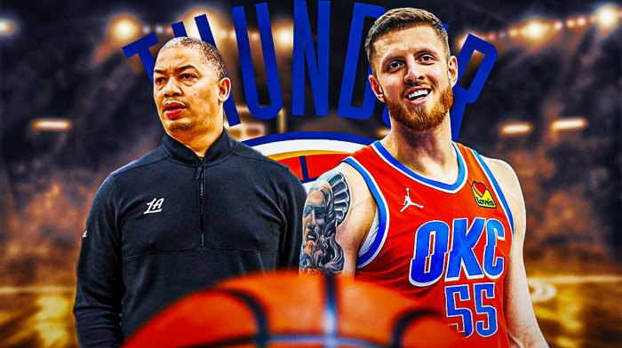 Thunder center Isaiah Hartenstein next to Clippers head coach Ty Lue with the Thunder logo in the background