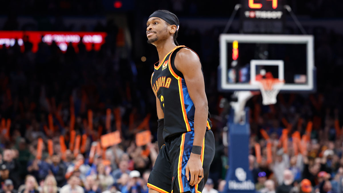 Oklahoma City Thunder guard Shai Gilgeous-Alexander (2) reacts after scoring against the Boston Celtics during the fourth quarter at Paycom Center.