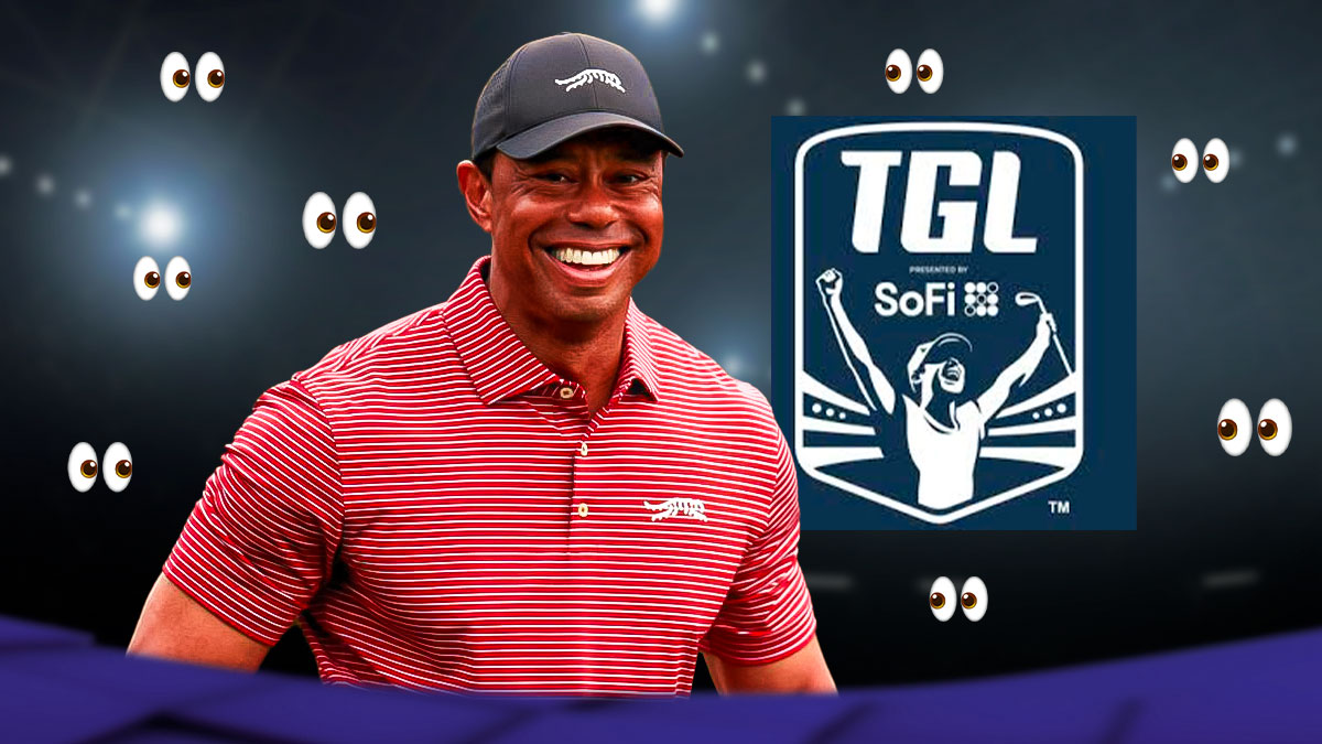 Tiger Woods next to TGL logo. Eyeball emojis all around