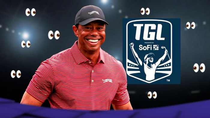 Tiger Woods next to TGL logo. Eyeball emojis all around