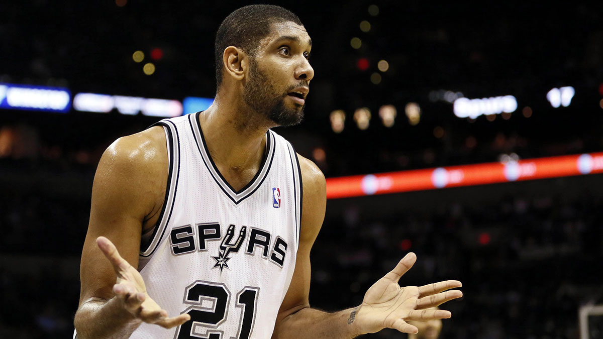 San Antonio Spurs forward Tim Duncan (21) reacts during the first half against the Brooklyn Nets at the AT&T Center.