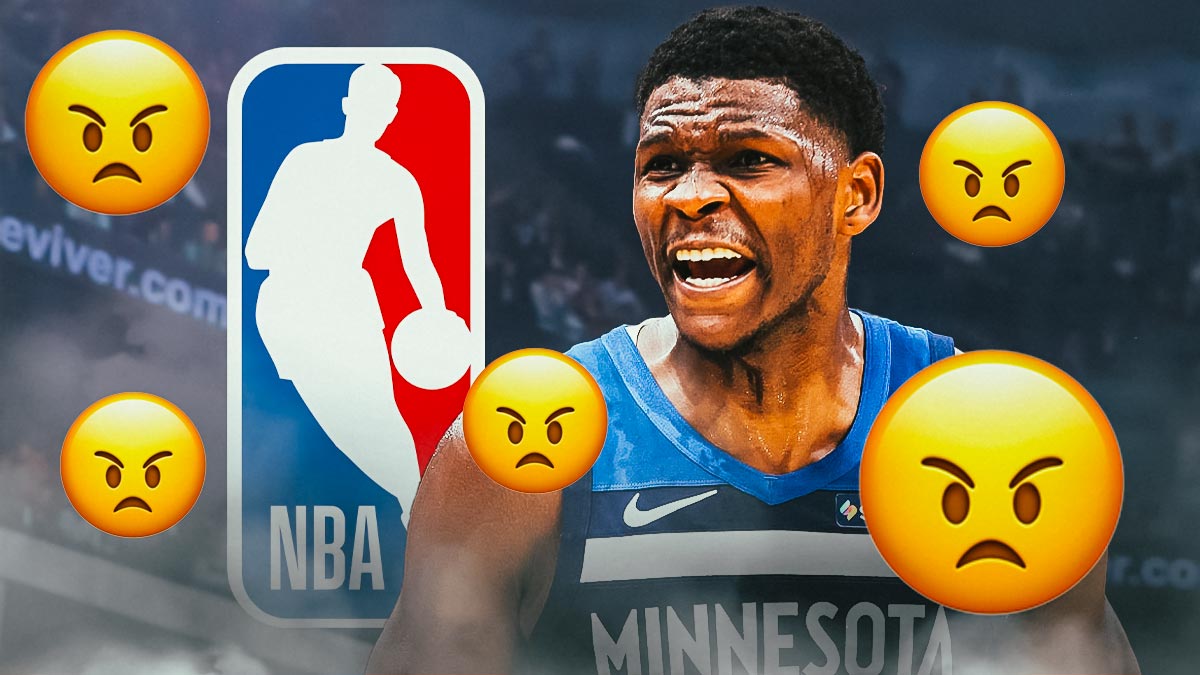 Timberwolves All-Star Anthony Edwards next to the NBA logo with angry faces behind him