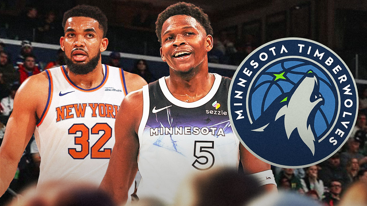 Anthony Edwards and Karl-Anthony Towns in the center, with the Minnesota Timberwolves logo behind them