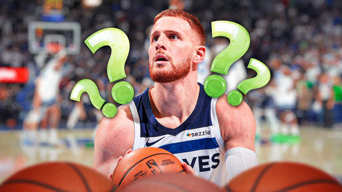 Timberwolves Donte DiVincenzo shooting a basketball with question marks everywhere.