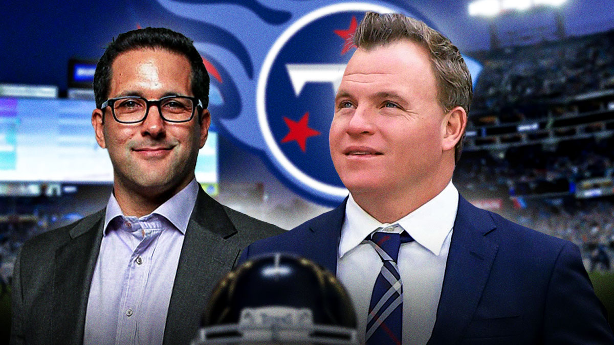 Adam Schefter on left. Mike Borgonzi on right. Titans logo behind them