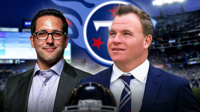 Adam Schefter on left. Mike Borgonzi on right. Titans logo behind them
