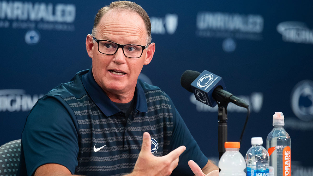 Penn State defensive coordinator Tom Allen talks with reporters during football media day in Beaver Stadium on Saturday, August 3, 2024, in State College.