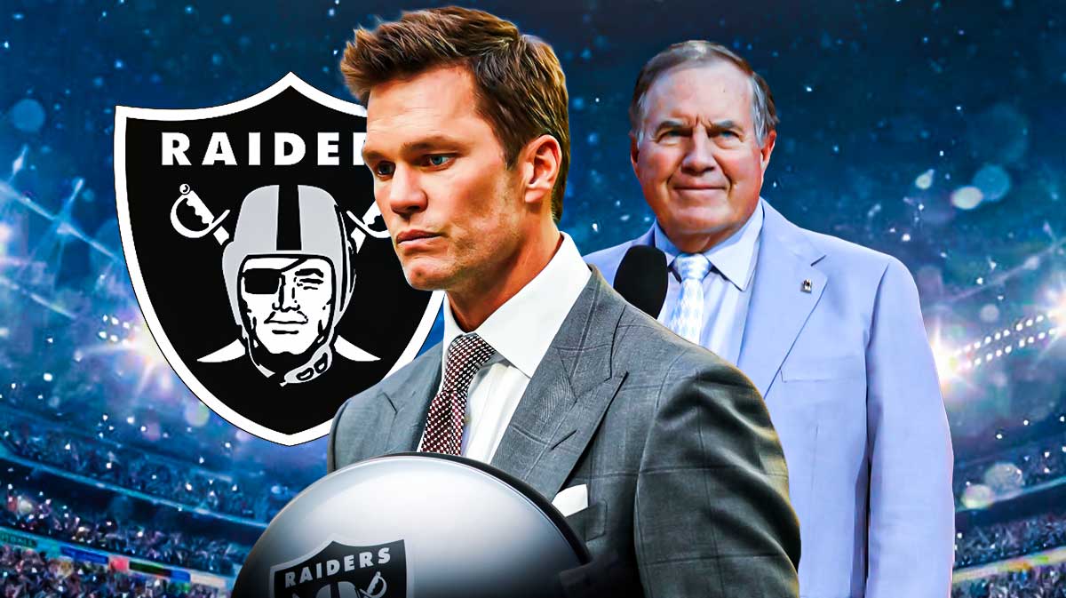 Tom Brady and the Las Vegas Raiders logo on one side, Bill Belichick on the other side