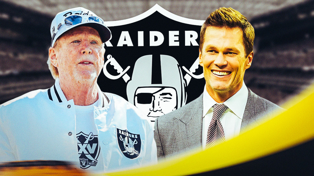 Las Vegas Raiders minority owner Tom Brady with owner Mark Davis. There is also a logo for the Las Vegas Raiders.