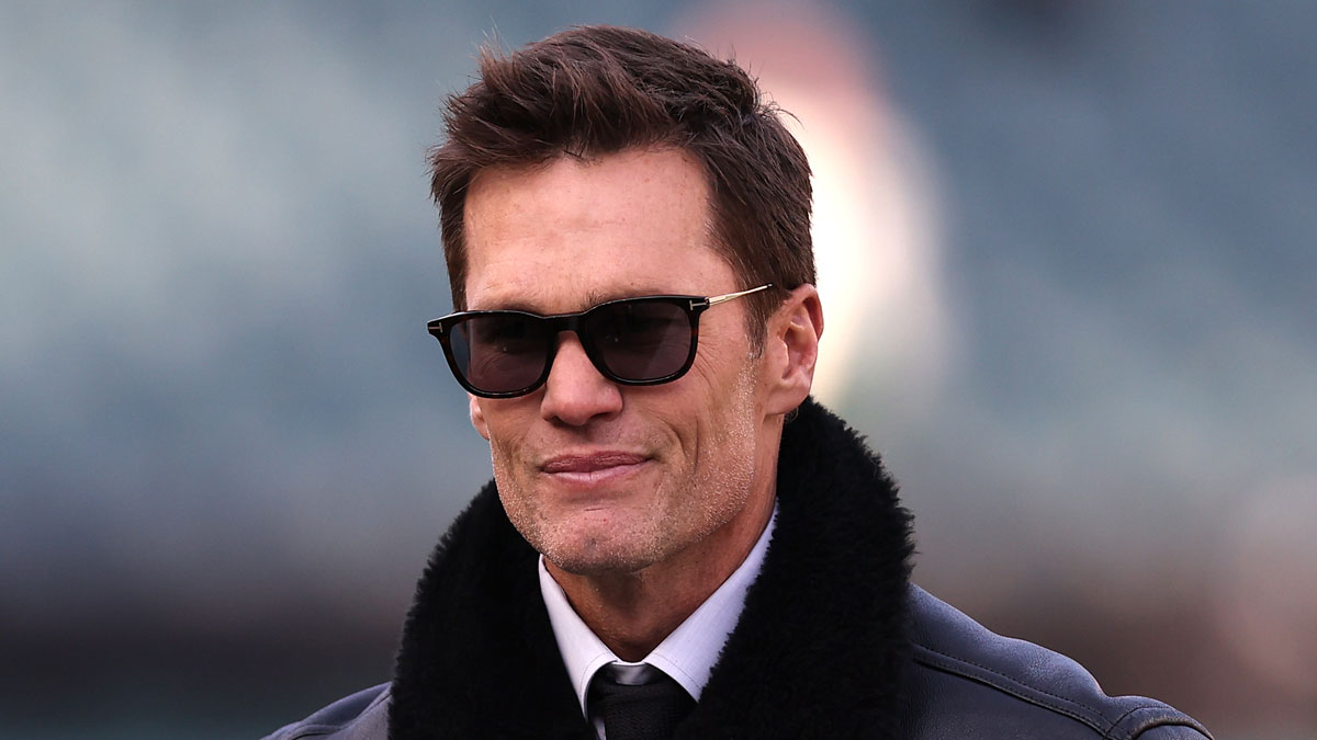 Announcer Tom Brady looks on before an NFC wild card game between the Philadelphia Eagles and the Green Bay Packers at Lincoln Financial Field.