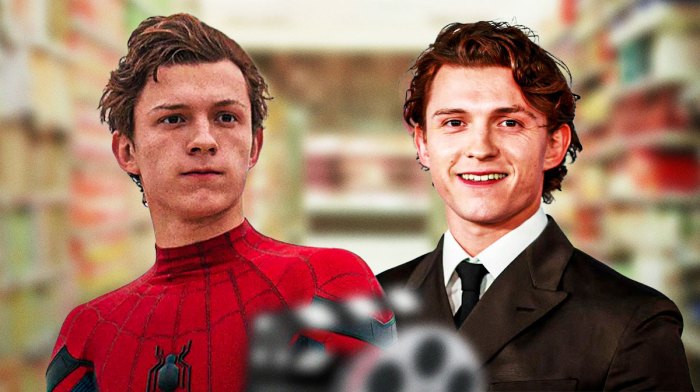 Marvel Cinematic Universe's Spider-Man next to Tom Holland with grocery store background.