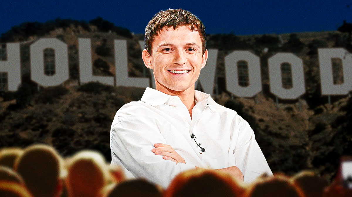 Tom Holland, who recently revealed when he will retire, with Hollywood sign behind him.
