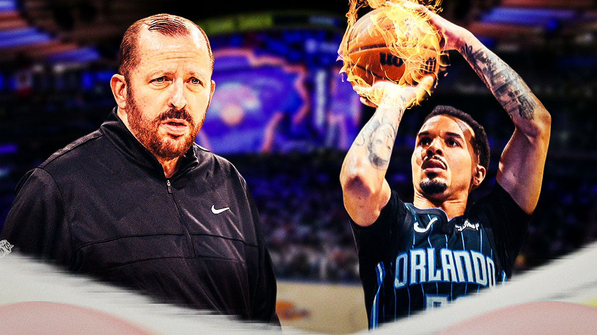 Knicks head coach Tom Thibodeau with angry emojis around him, and Magic guard Cole Anthony shooting a ball of fire next to him
