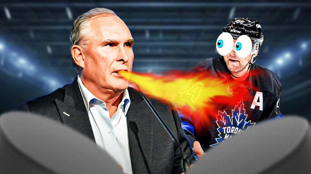 Craig Berube on one side breathing fire, Morgan Rielly on the other side with the big eyes emoji over his face