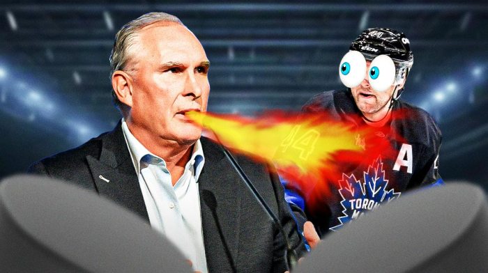 Craig Berube on one side breathing fire, Morgan Rielly on the other side with the big eyes emoji over his face
