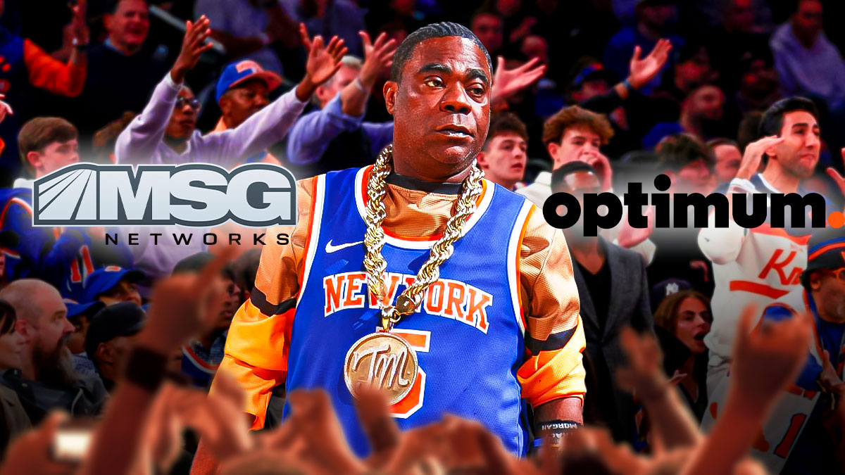 Tracy Morgan and Knicks fans yell angrily at MSG Networks and Optimum TV logos