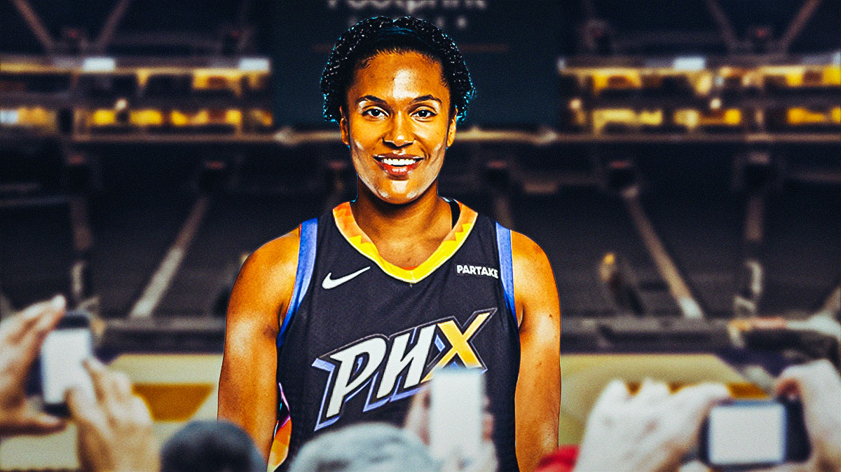 Alyssa Thomas in a photoshopped Phoenix Mercury jersey with the inside of the Mercury's home arena in the background