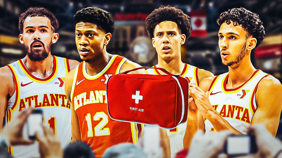 Trae Young, De'Andre Hunter, Jalen Johnson, and Zaccharie Risacher with a first aid kit.