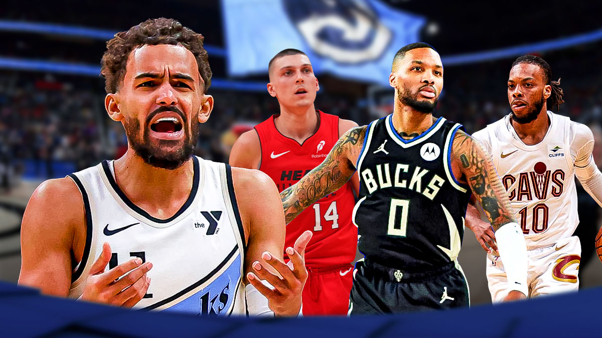 Hawks' Trae Young looking angry, with Damian Lillard, Tyler Herro, and Darius Garland beside him