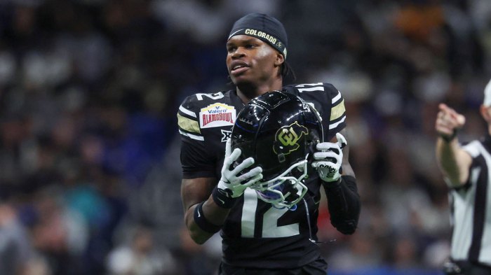 Colorado Buffaloes wide receiver Travis Hunter (12) reacts after a penalty is called during the second quarter against the Brigham Young Cougars at Alamodome.