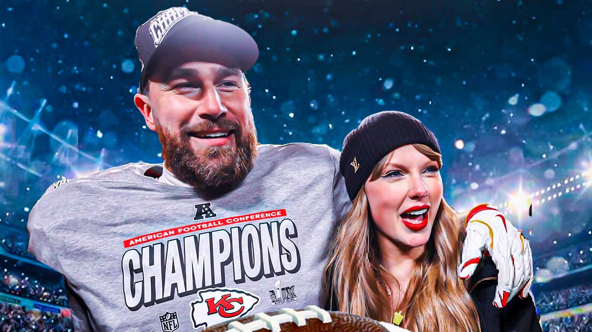 Kansas City Chiefs tight end Travis Kelce and Taylor Swift after the AFC Championship win over the Buffalo Bills.